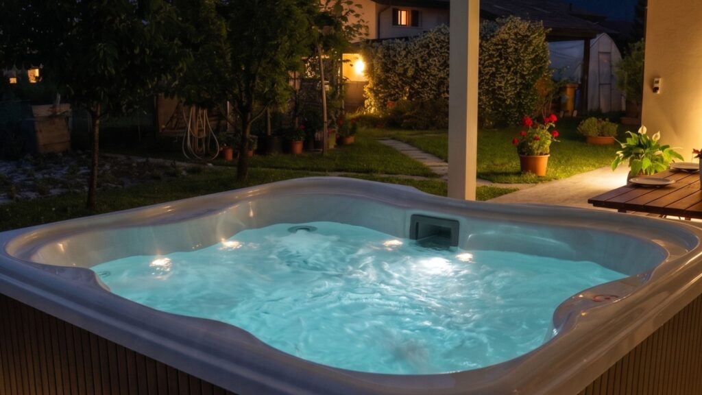 Vasca idromassaggio Jacuzzi esterna illuminata di sera nel giardino privato di Apartment Conte a Borso del Grappa.