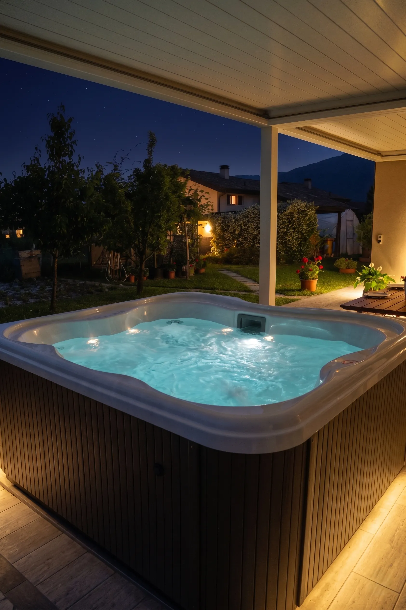 Vasca idromassaggio Jacuzzi illuminata in giardino dell'Appartamento vista giardino